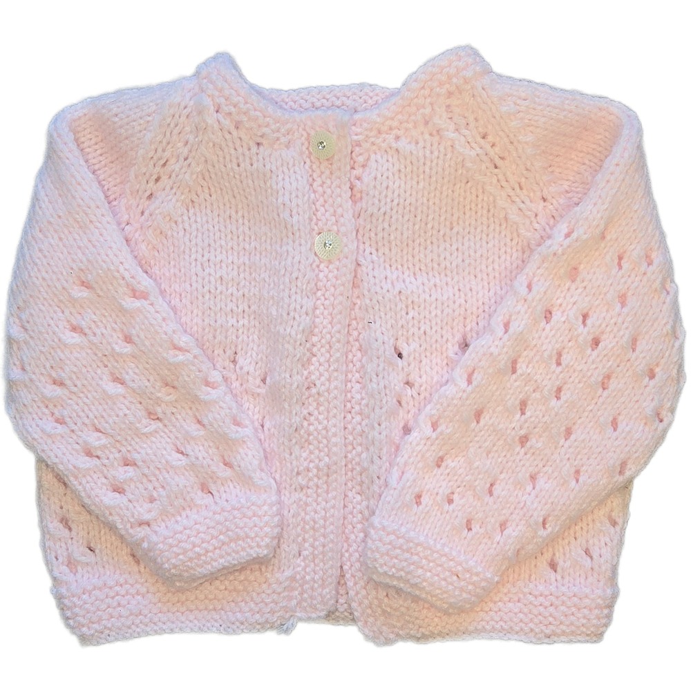 Handmade‎ Baby Girl Pink Knit Cardigan Sweater Pointelle Button Front 12-24 mos